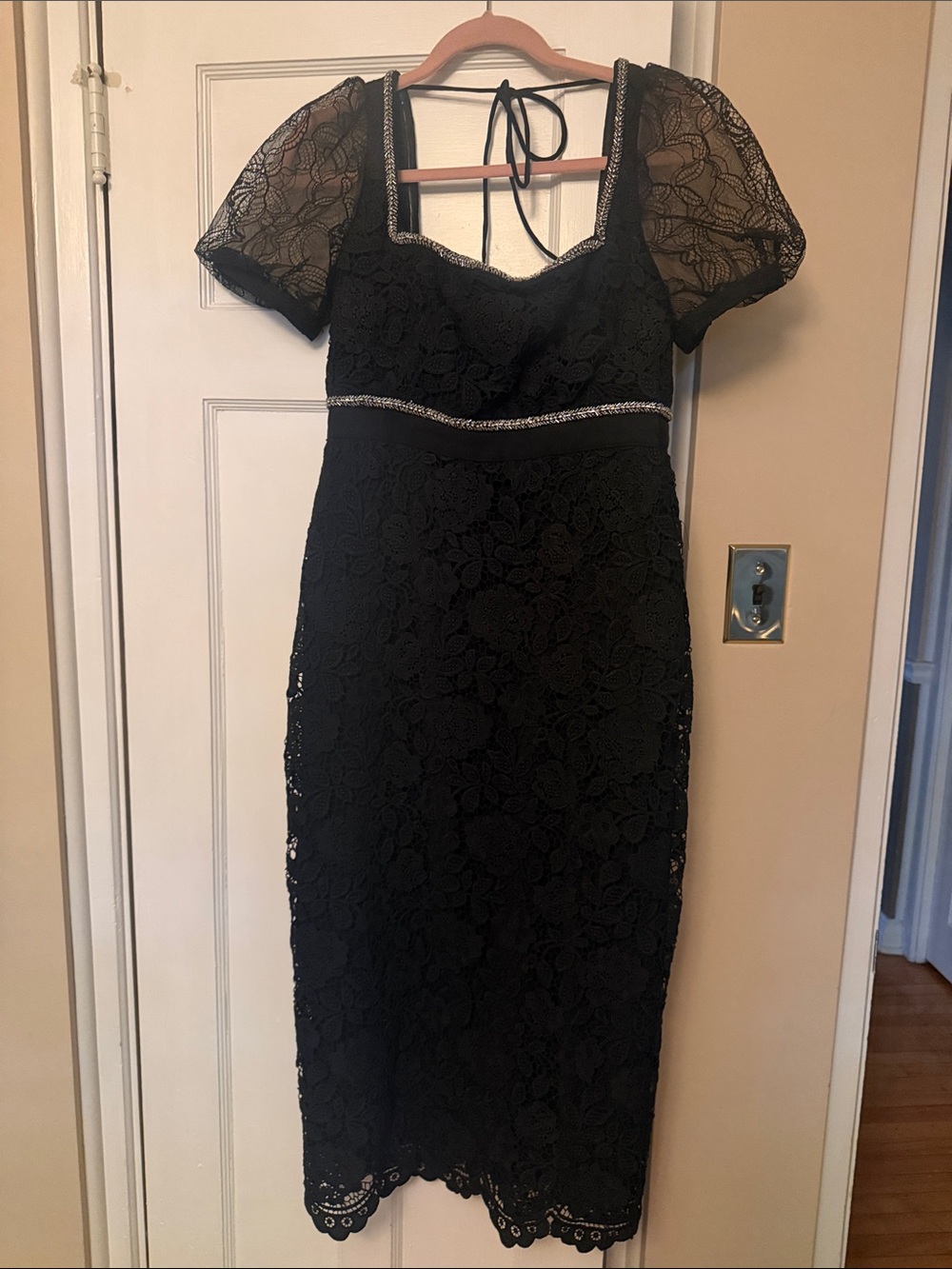 Self-Portrait Black Lace Midi Dress with Puff Sleeves and Rhinestone Trim